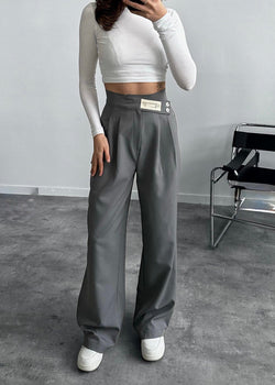 Pantalon Palazzo Gris Anthracite à Détails Boutonnés