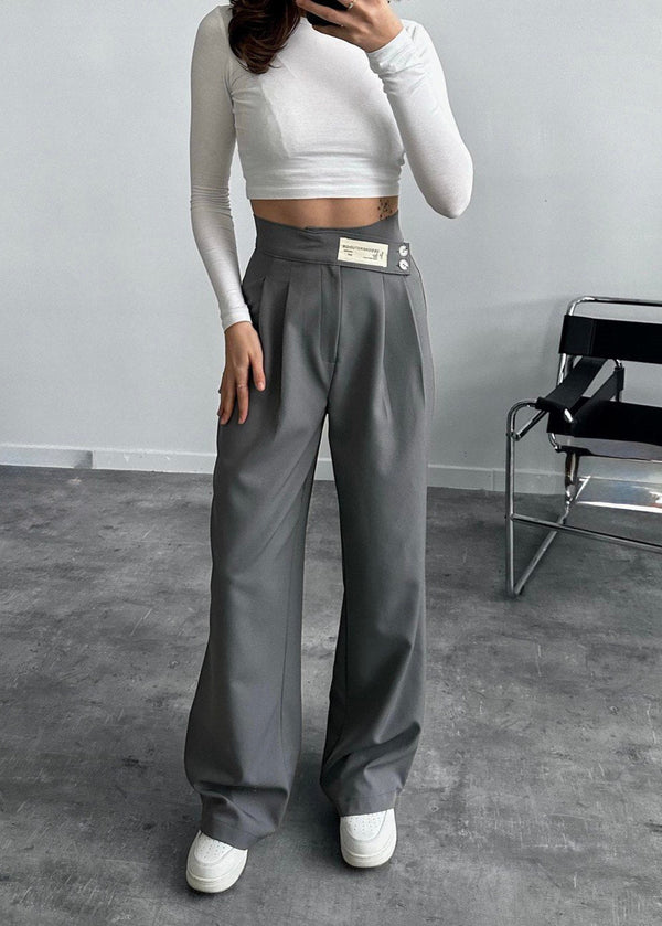Pantalon Palazzo Gris Anthracite à Détails Boutonnés