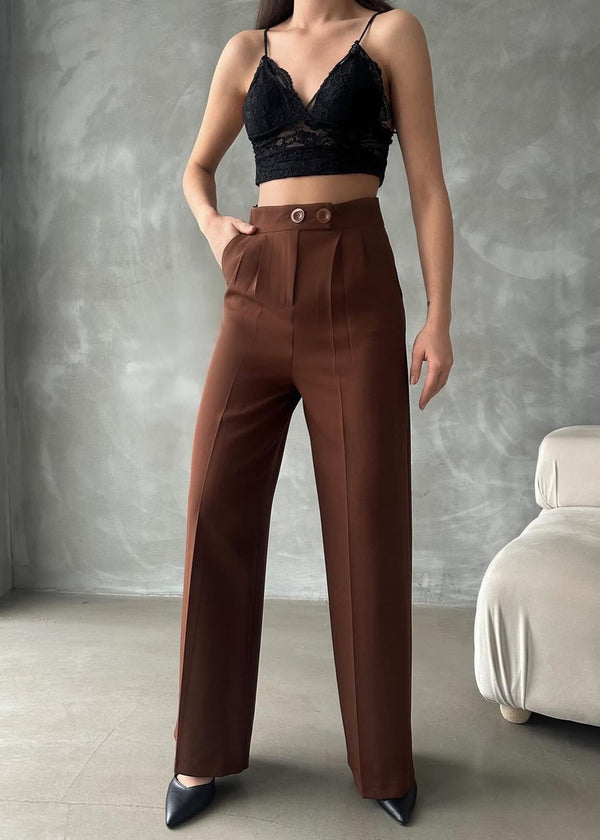 Pantalon Palazzo Taille Haute élégant - Marron chocolat