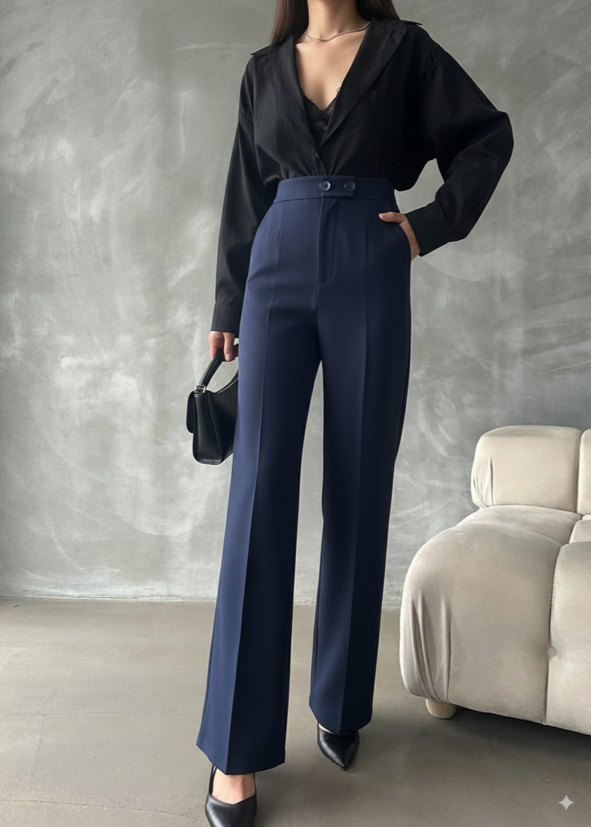 pantalon palazzo taille haute bleu marine 