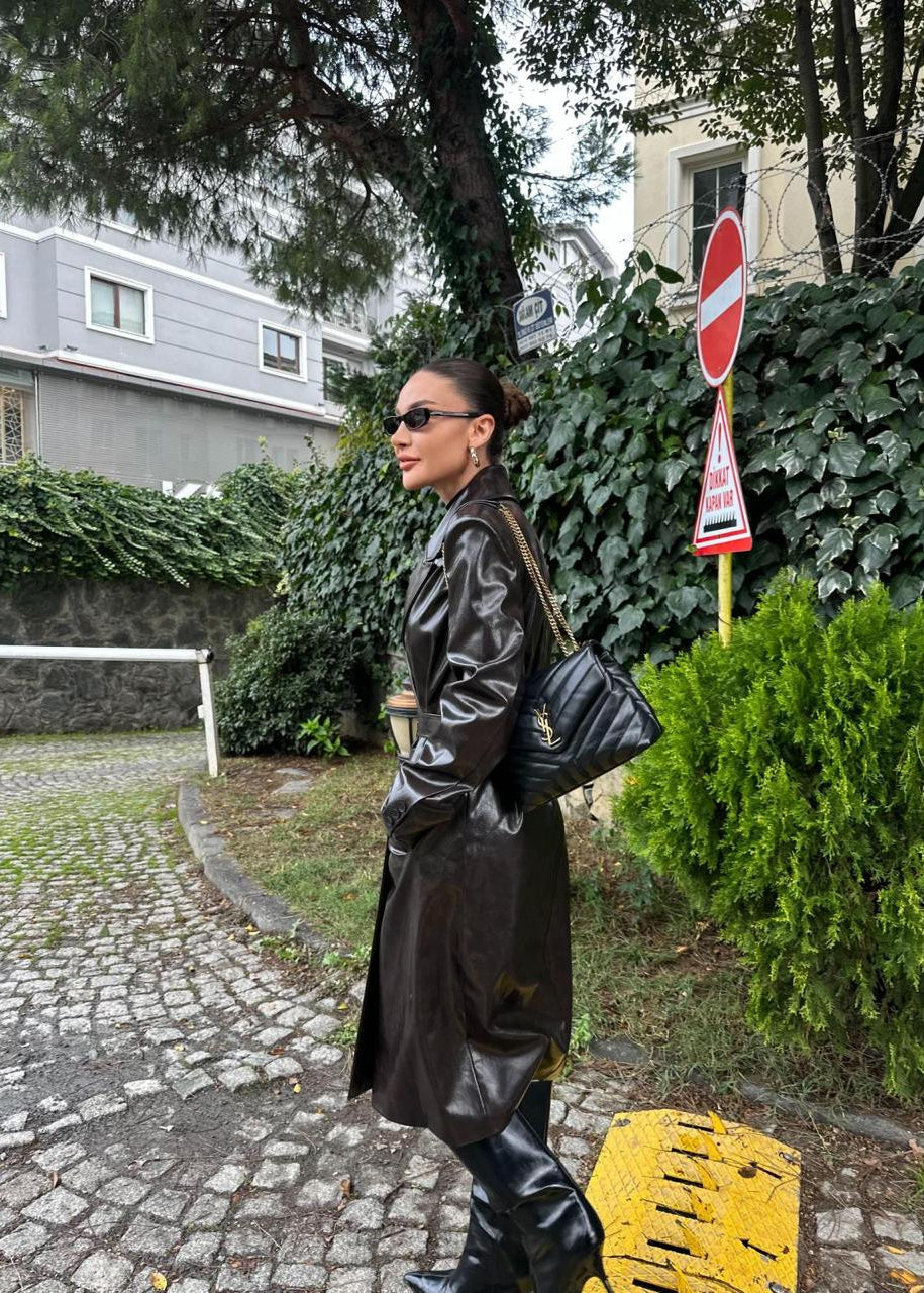 Trench Long en Similicuir Marron Foncé