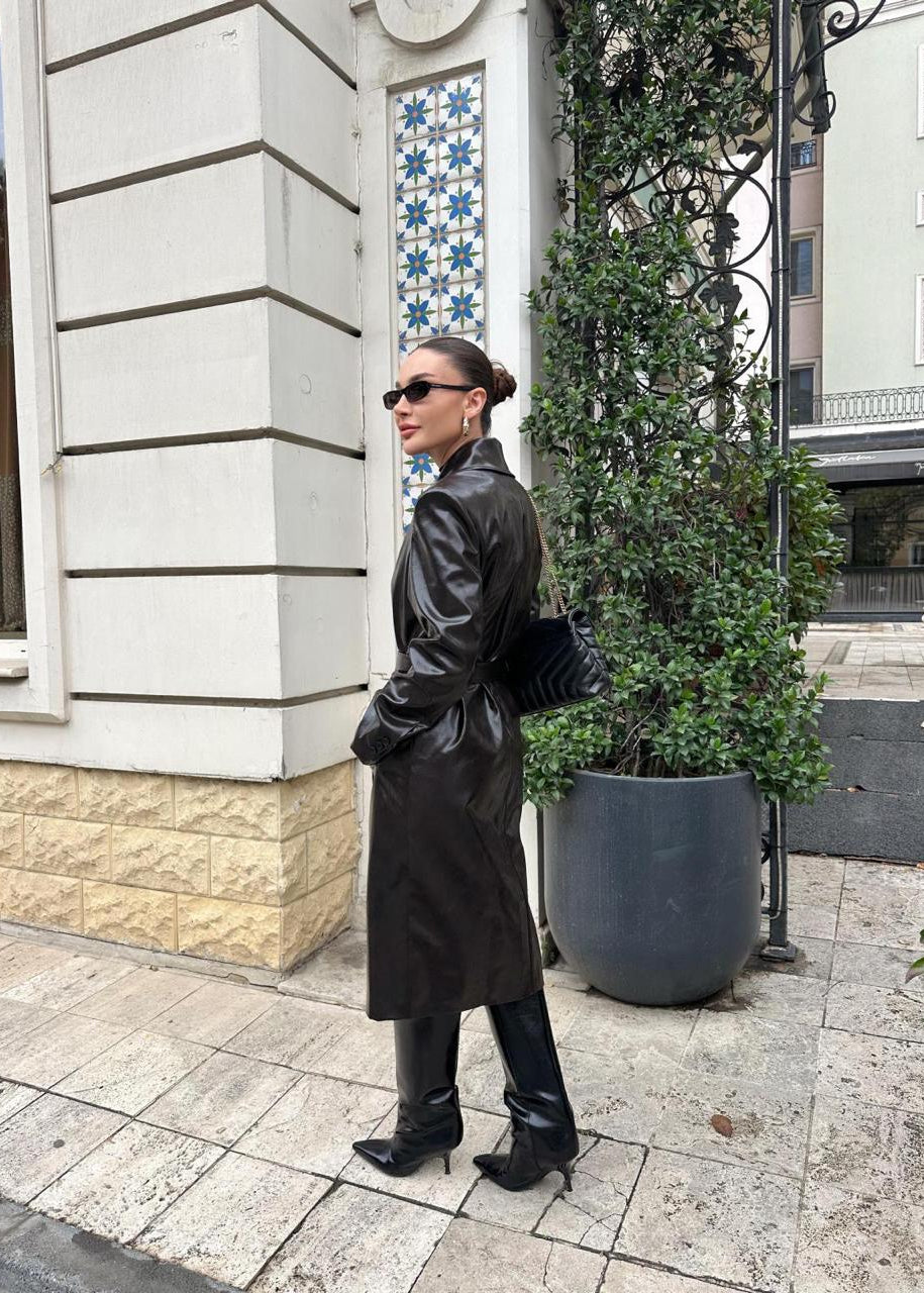 Trench Long en Similicuir Marron Foncé