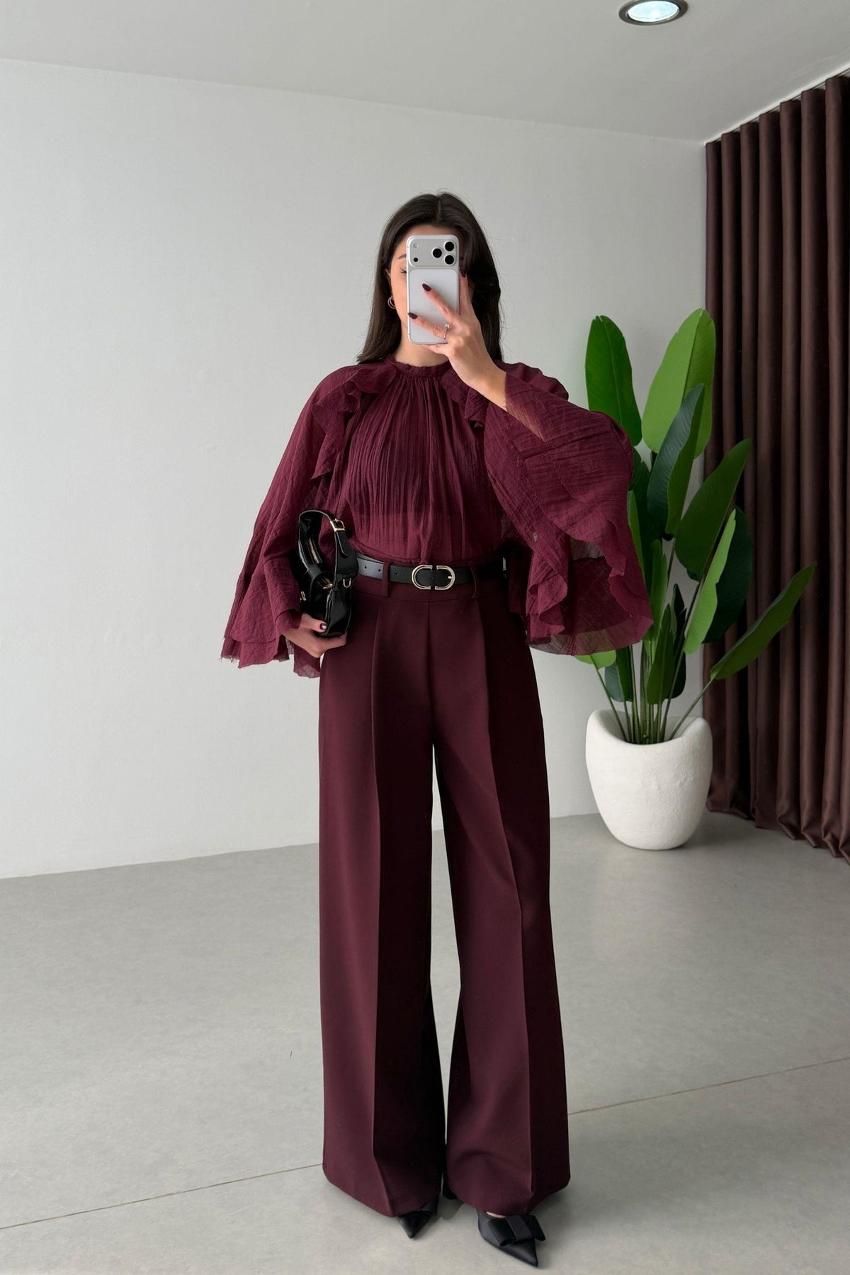 Pantalon Palazzo Taille Haute — Prune Élégant.