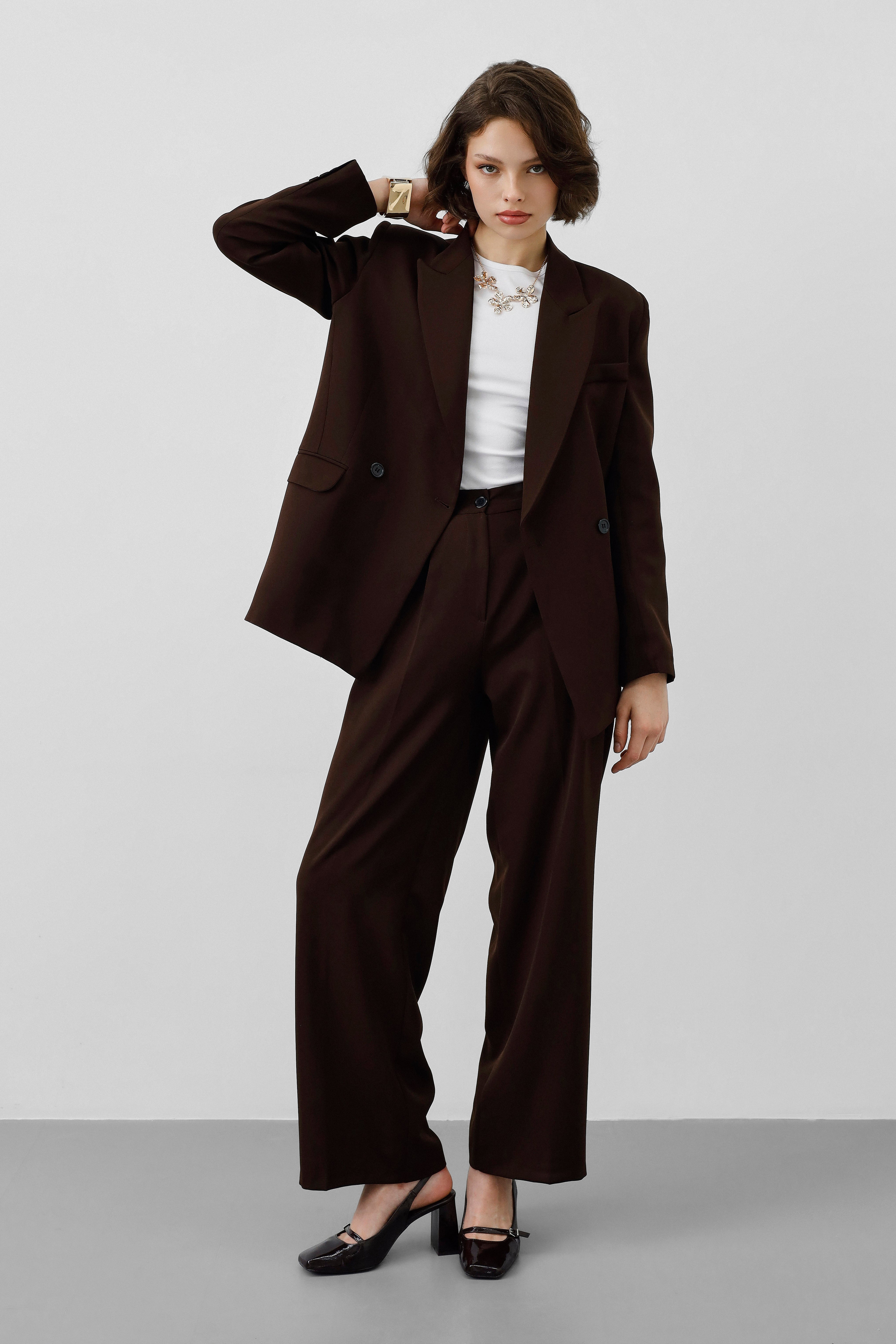 Ensemble Stockholm Héritage Marron femme, blazer structuré, pantalon fluide, marron chocolat, élégant, tailoring