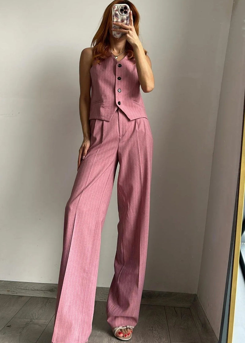 Ensemble tailleur rayé rose clair 3 pièces