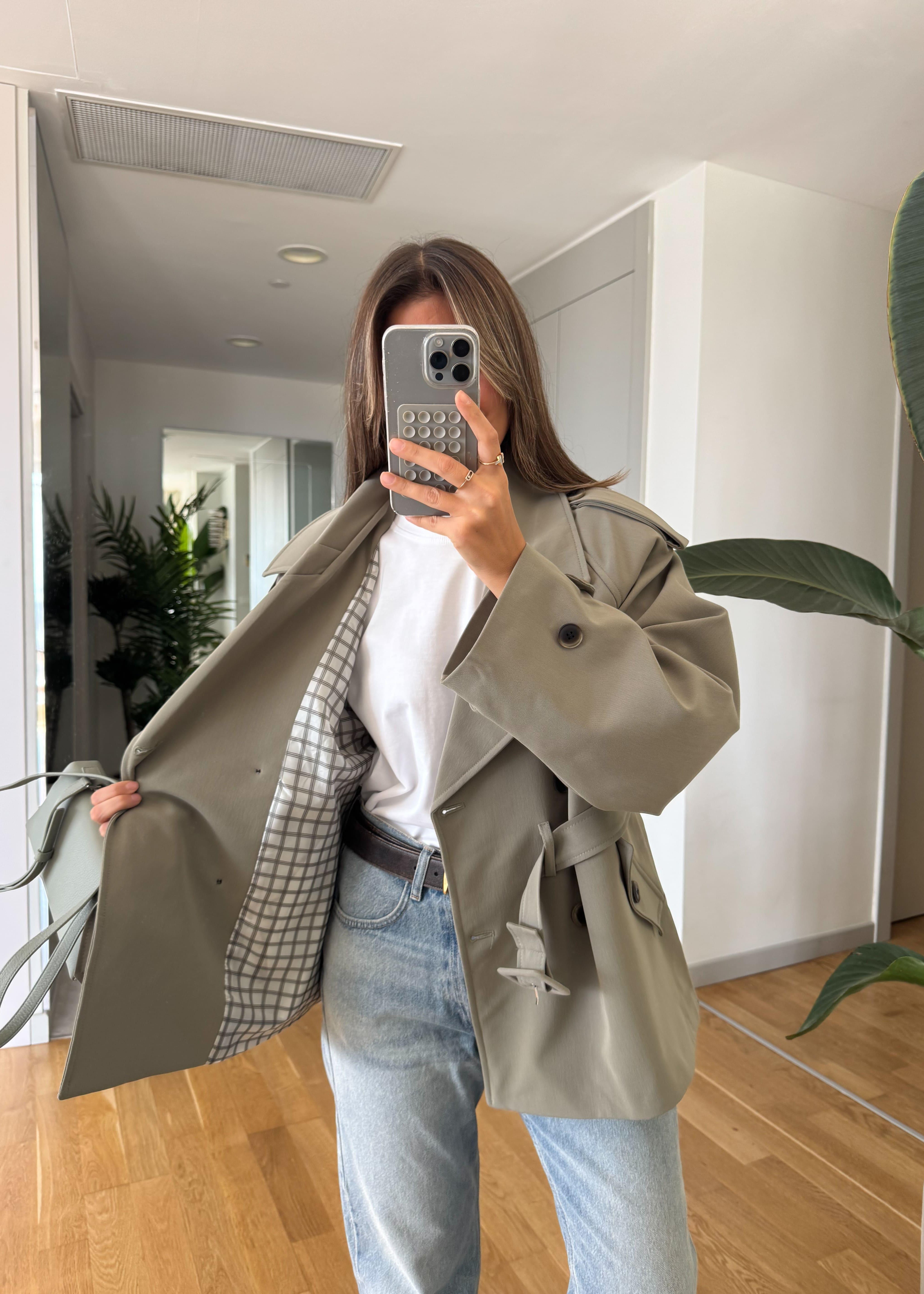 Trench court ceinturé à doublure rayé - Khaki