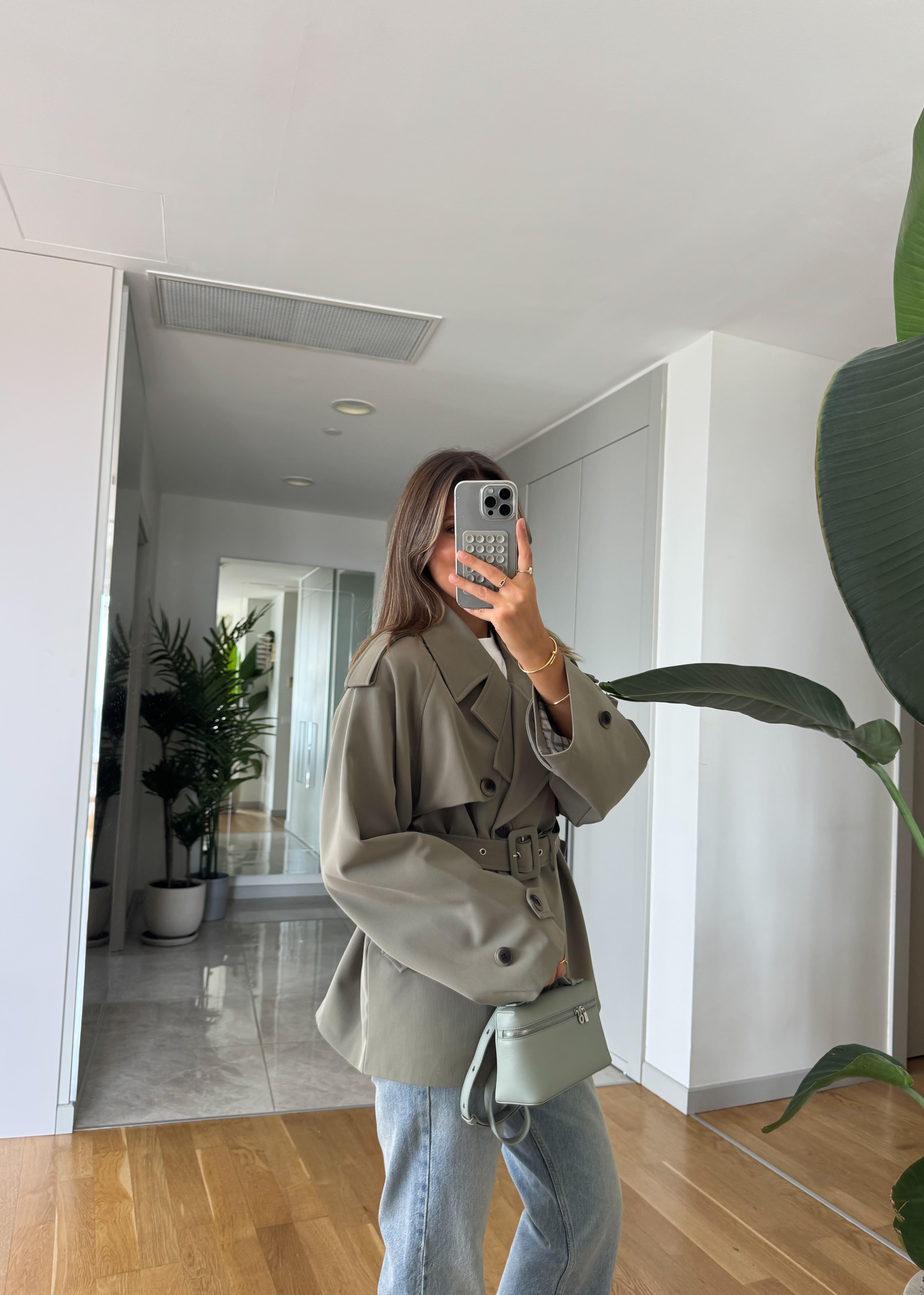 Trench court ceinturé à doublure rayé - Khaki
