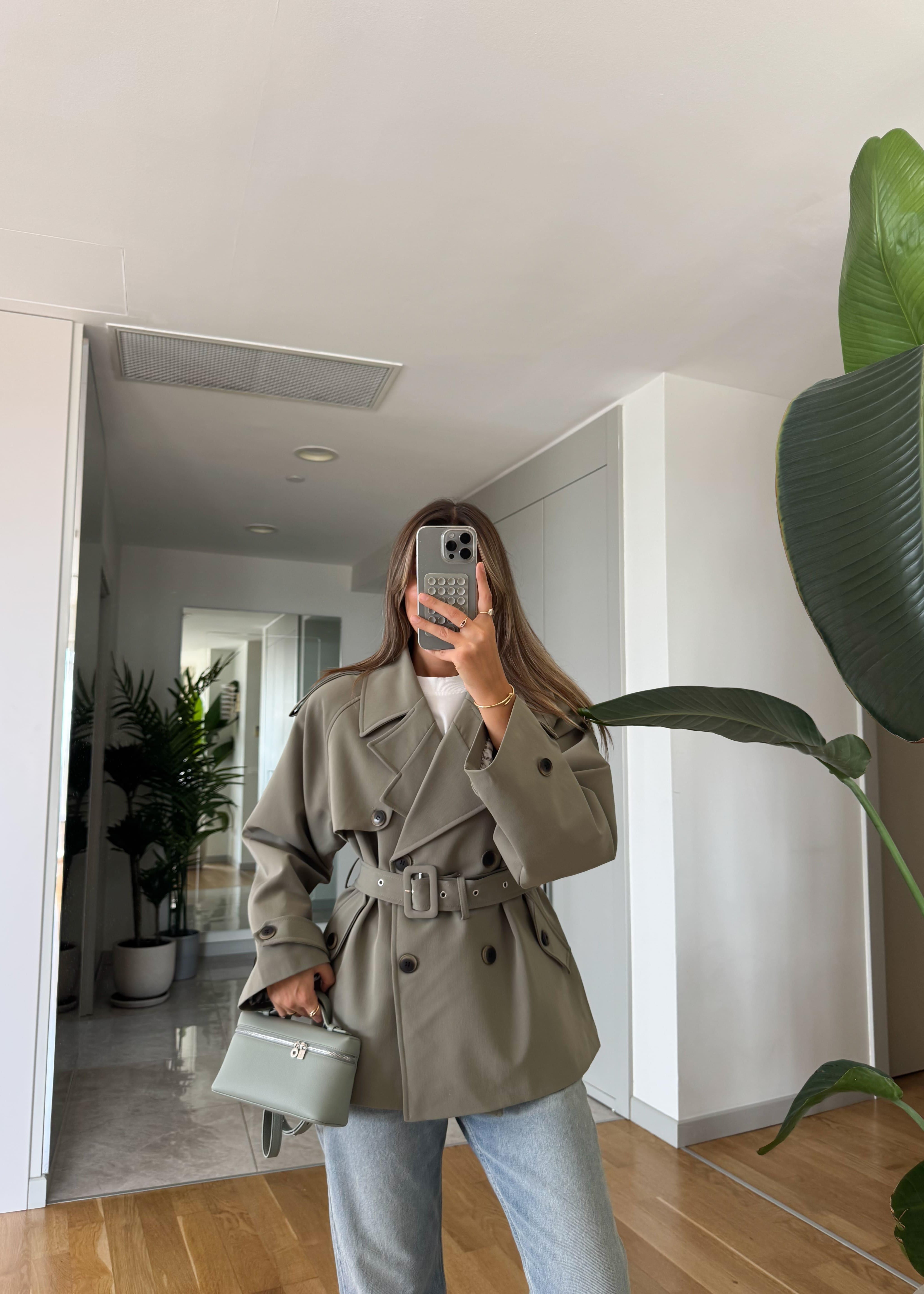 Trench court ceinturé à doublure rayé - Khaki