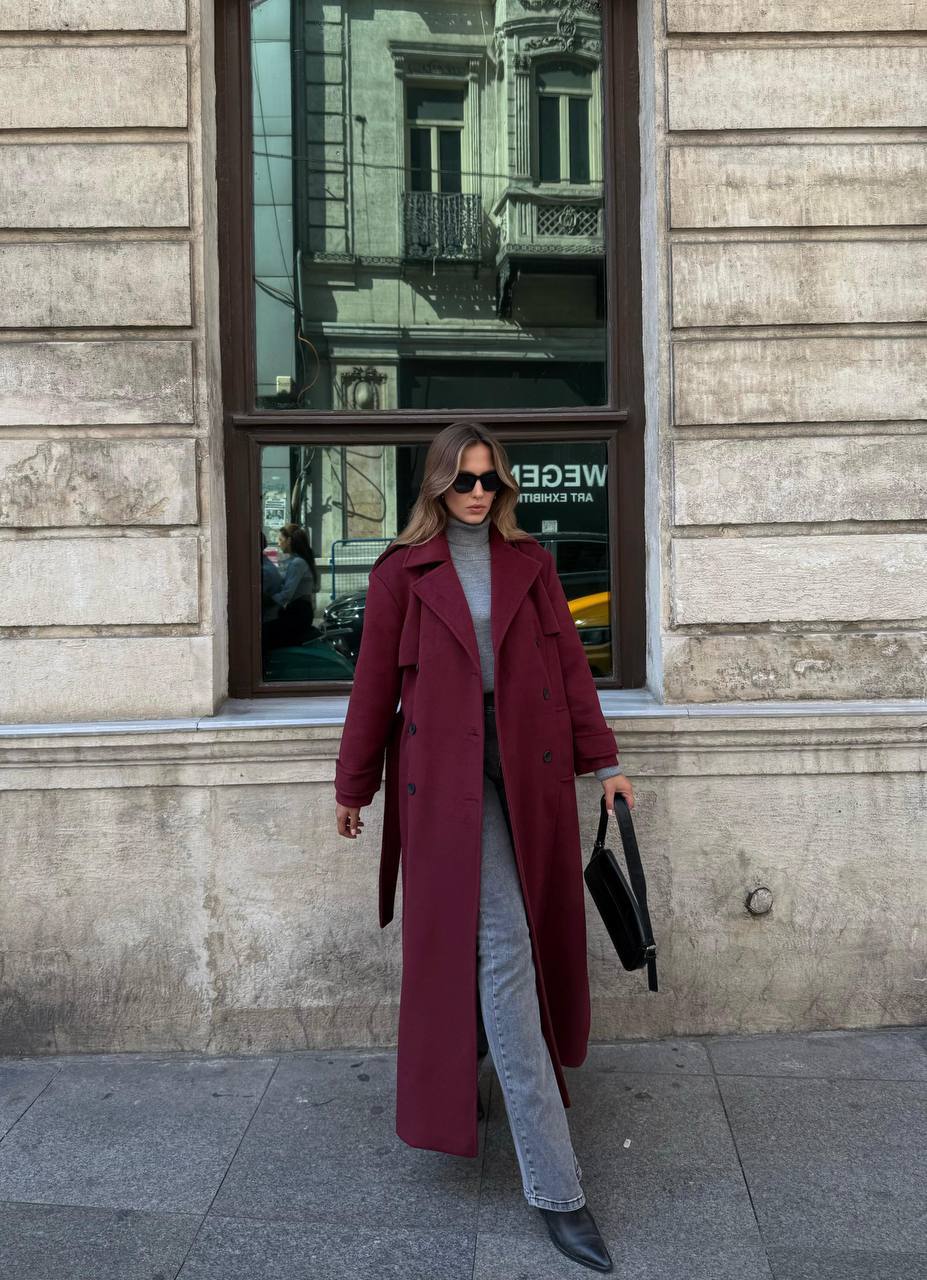 Manteau Trench Long en Laine - Bordeaux