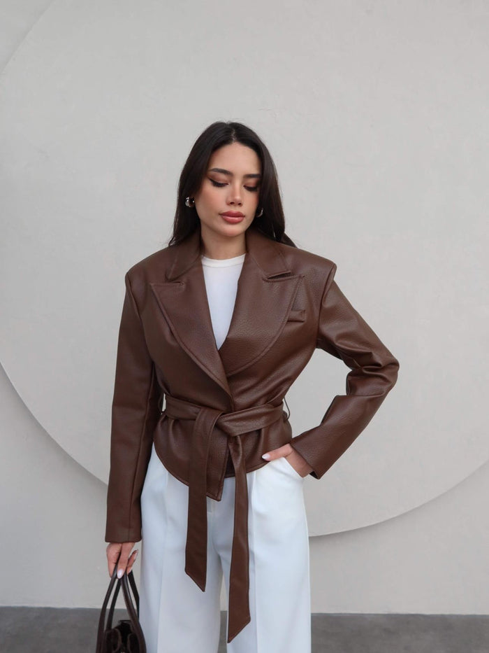 Jacket ceinturé en similicuir - Marron
