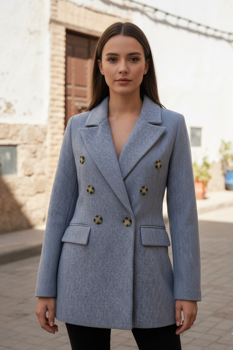 manteau femme élégant, veste bleu, manteau tendance 2025, Stockholm Fashion, manteau chic femme, mode responsable, manteau moderne, veste de mi-saison femme.